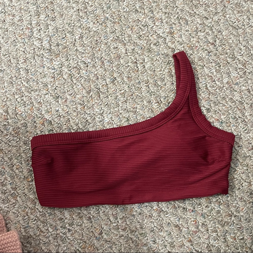 Maroon Ribbed One Shoulder Swim Top